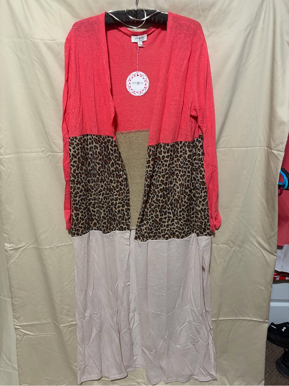 Umgee Coral Pink Leopard Colorblock Long Cardigan